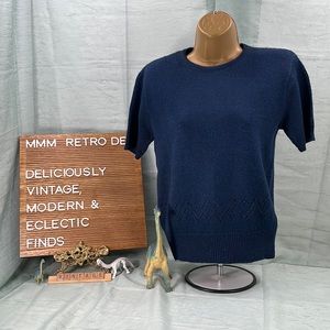 Alicia Navy Blue Acrylic Short Sleeve Vintage Sweater Front Waist Design | M